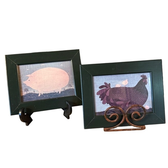 Vintage Warren Kimble Framed Print Pig Mama Chicken Chicks Folk Art Green - Picture 2 of 10